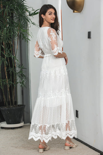 Hvit En linje Long Boho Lace Engagement Party Dress